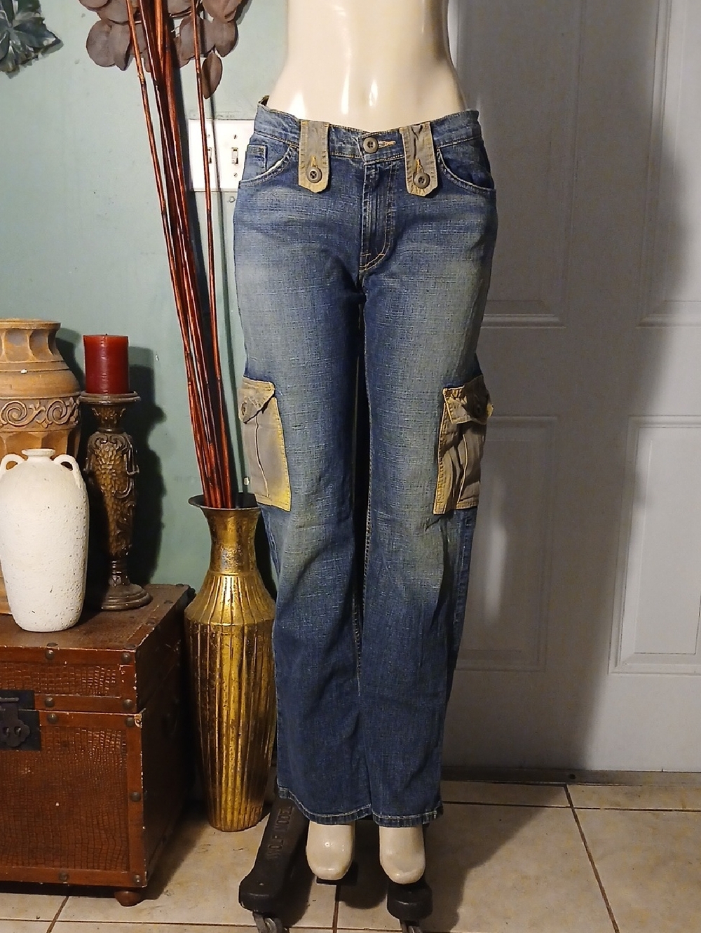 Allen B. Women's Blue Cargo Jeans with Tan Pocket Accents